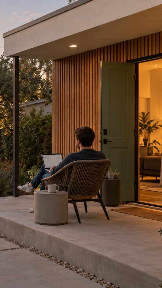 A young man sits on the porch of a modern ADU with his laptop at sunset, looking across the backyard toward his parents' house.