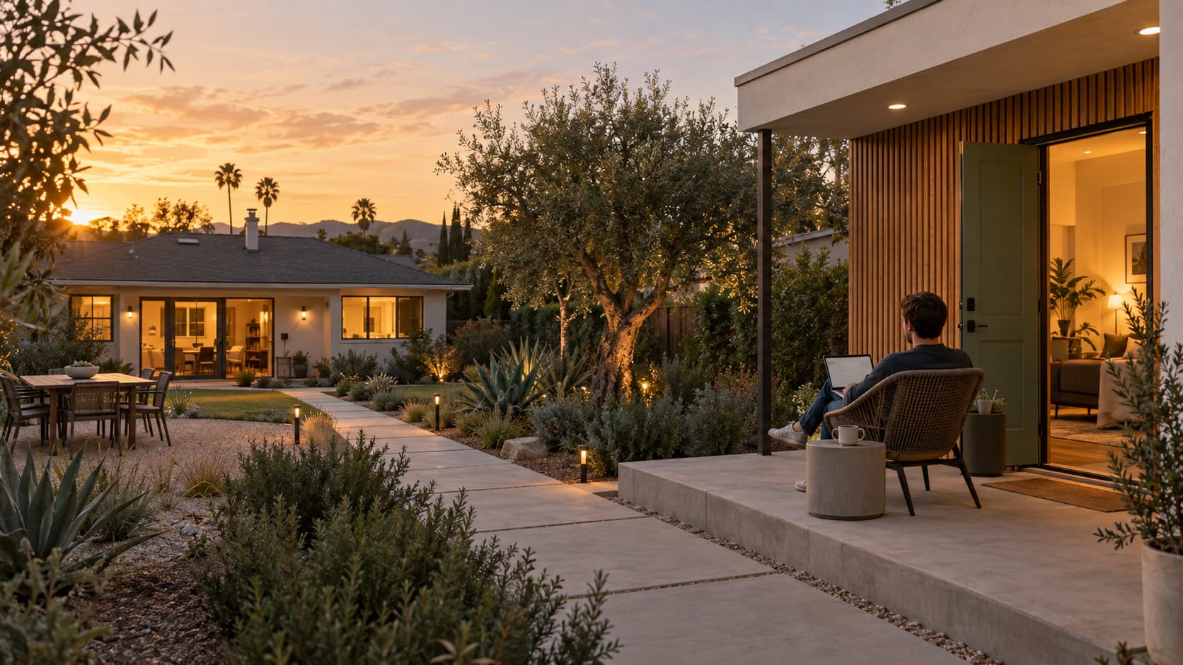 A young man sits on the porch of a modern ADU with his laptop at sunset, looking across the backyard toward his parents' house.