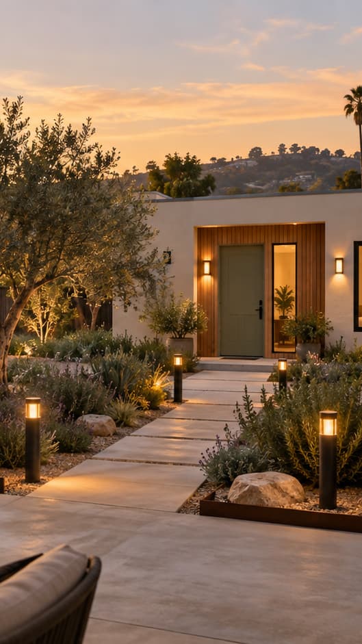 View from a homeowner's patio at sunset looking across a landscaped backyard toward a modern ADU with a lit walkway connecting the two homes.
