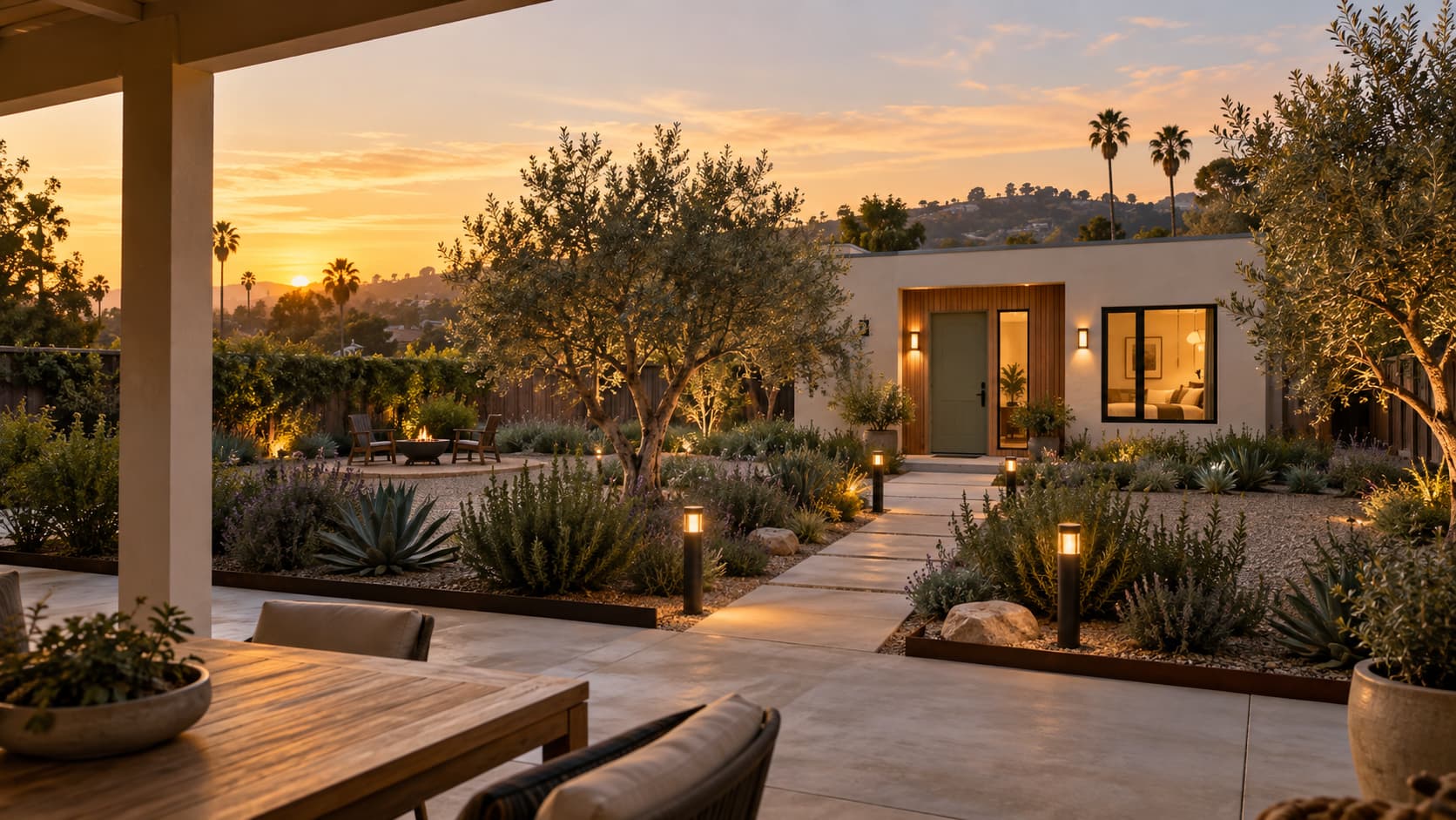 View from a homeowner's patio at sunset looking across a landscaped backyard toward a modern ADU with a lit walkway connecting the two homes.