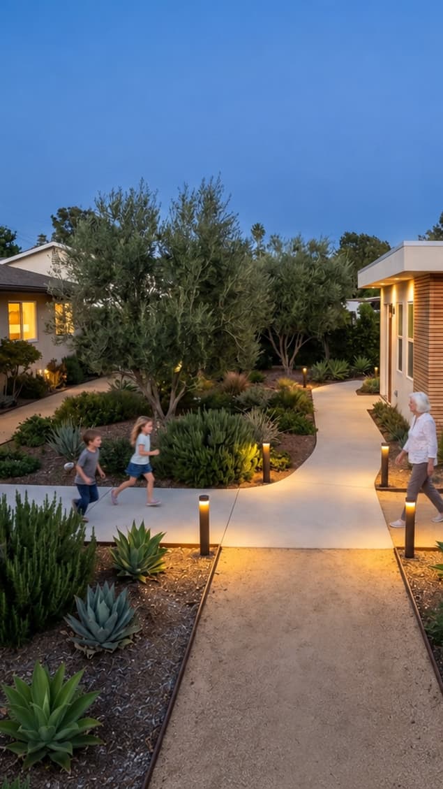 An elevated view of a Southern California backyard at dusk showing a single-story main house and a modern ADU connected by a lit walkway, with two children and their grandmother approaching each other on the path.