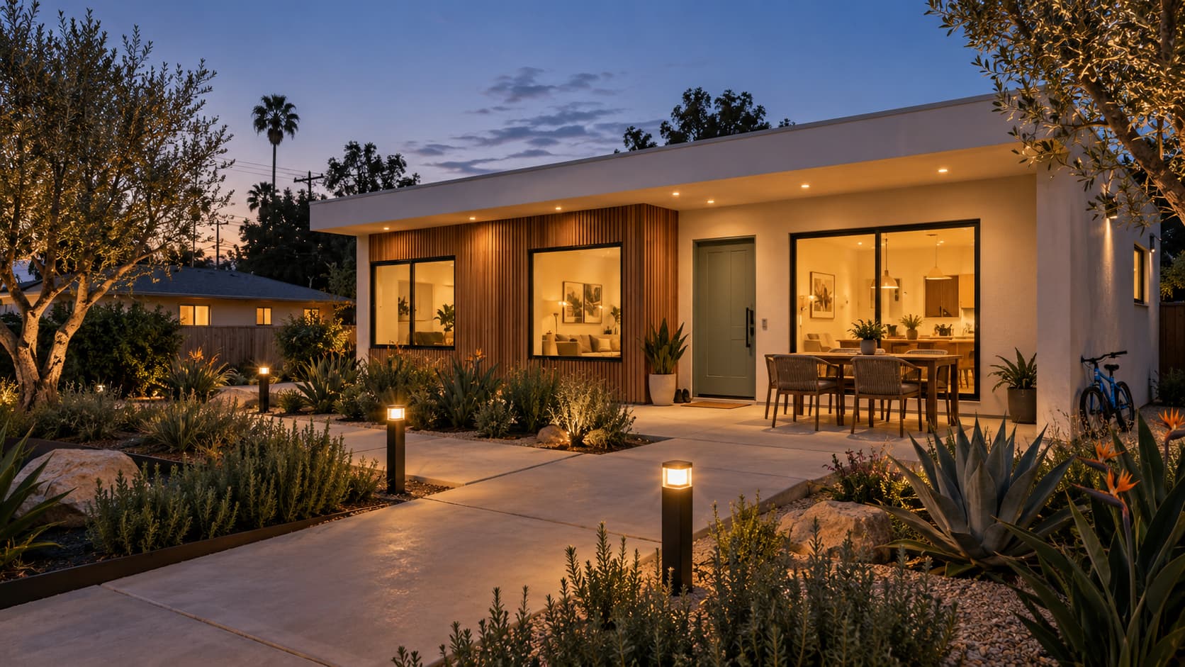 Render of the Homestead — a spacious 2+ bedroom ADU with covered patio dining area