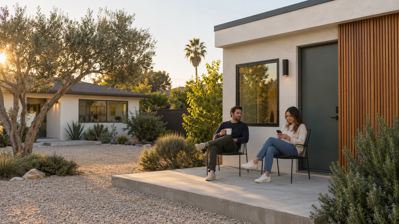 A young couple sharing coffee on the porch of their ADU in the morning